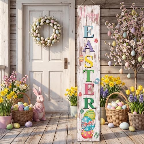 Yerliker Easter Porch Sign and St. Patrick's Day Yard Sign 47" 2 In1 Double Side Wooden Welcome Easter Eggs Door Hanging Happy Banner Luck Green Shamrock Front Door Outdoor Decor - Image 2