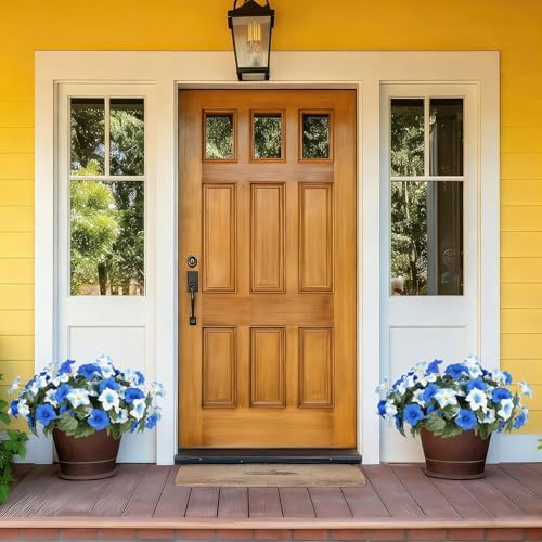Artificial Flowers for Outdoors, Faux Petunias Spring Summer Decoration, Fake Flowers Plants UV Resistant Look Real Silk Flowers for Outside Planter Front Door Porch Patio Yard (6, Blue-White) - Image 3