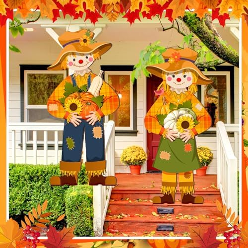 Shellwei 2 Pcs Fall Scarecrow Door Decor, Thanksgiving Welcome Hanging Sign - Image 5