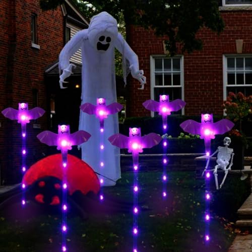 Halloween Decorations Outdoor Solar Bat Garden Lights,6 Pack 56LED Solar Halloween Bats Lights, Waterproof Solar Pathway Lights for Outside Patio Yard Lawn Grave Party Gifts Decor Purple - Image 7