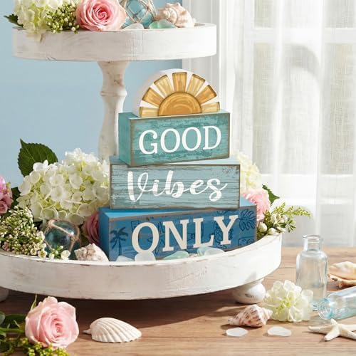 Lineshading 4 Pcs Summer Beach Table Decor Good Vibes Only Wooden Sunshine - Image 4
