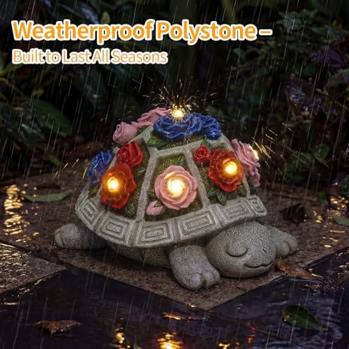 Solar Garden Decor Outdoor Turtle Statue with Multi-Color Rose Flowers & 7 LED Lights – Outside Tortoise Decoration for Lawn Yard Patio Backyard - Home House Art - Gift for Men Dad Women Mom - Image 4