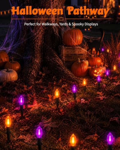 Halloween Pathway Lights, 10-Pack Purple and Orange C9 LED Stakes - Image 5