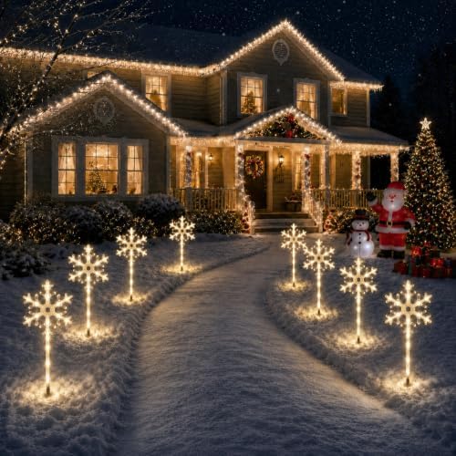 Solar Christmas Pathway Lights Outdoor, 8 Pack White Snowflake Garden Stake Lights – Waterproof Solar Powered Decorations for Patio, Yard, Lawn & Porch （Warm White） - Image 3