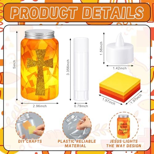 Qinyoung 12 Sets Religious Cross Crafts Jesus Lights The Way Mason Jars Tissue Paper Crafts with LED Candle Light Make Your Own VBS Mason Jars Decoration for Camping Sunday School Projects Activity - Image 2