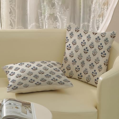 Blue Brown Pillow Covers 18x18 Inch 2 Pcs Block Print Vintage Floral Decor Throw Pillows Boho Flower Spring Summer Outdoor Seasonal Decoration Pillowcase Linen Cushion Cover for Couch Sofa - Image 4