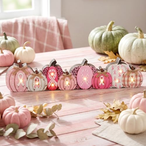 Yousoontic Breast Cancer Awareness Table Decorations, Light up 3D Wooden Pumpkin Table Centerpiece, LED Pink Ribbon Pumpkin Decor, Rustic Farmhouse Sign for Pink October Fall Mantel Desk Home Party - Image 2