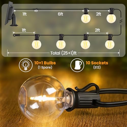 Mlambert 25FT Solar Powered String Lights with 10+1 LED G40 Bulbs, Black - Image 3