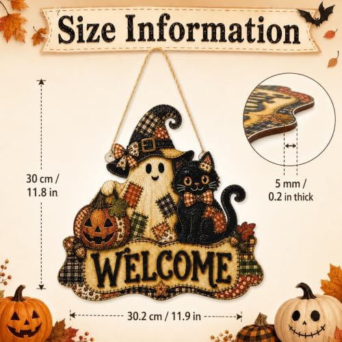Halloween Welcome Door Sign with Ghost, Black Cat & Pumpkin, Rustic Wooden Front Door Hanging Sign, Fall Halloween Porch Decor for Home, Farmhouse Wall Decoration, Cute Witch Ghost Door Hanger - Image 2