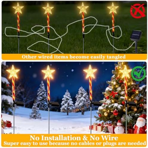4 Pack Tangle-Free Installation Christmas Solar Pathway Lights Outdoor Decorations, 8 Modes Star Candy Garden Stake Lights Waterproof for Walkway Yard Lawn Porch Holiday Decor (Warm White) - Image 4