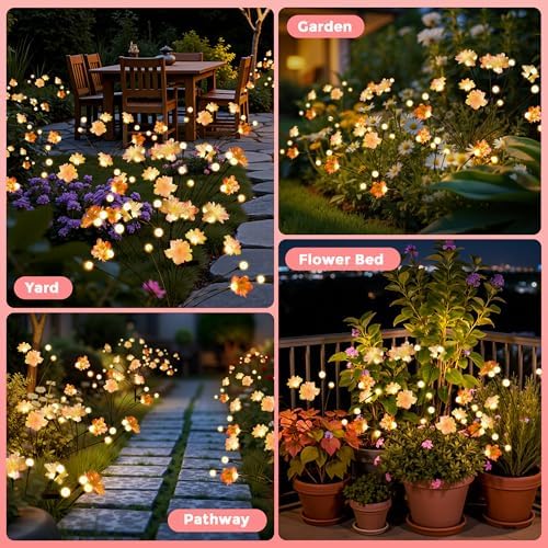 PEVOROS Solar Garden Lights, Warm White LED Swaying Solar Flowers Light for Outside, Waterproof Garden Decor, Outdoor Decorative Lights Yard, Patio, Pathway Decoration Gardening Gifts (4 Pack) - Image 4
