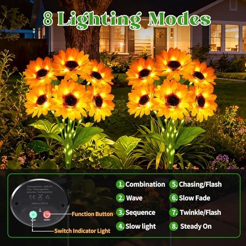 Solar Sunflower Lights Outdoor Garden Decor, 2 Pack with 12 Sunflowers,8 Lighting Modes, Birthday Gifts for Mom Women, Outdoor Decorative Stakes Light for Landscape Yard Patio Lawn - Image 2