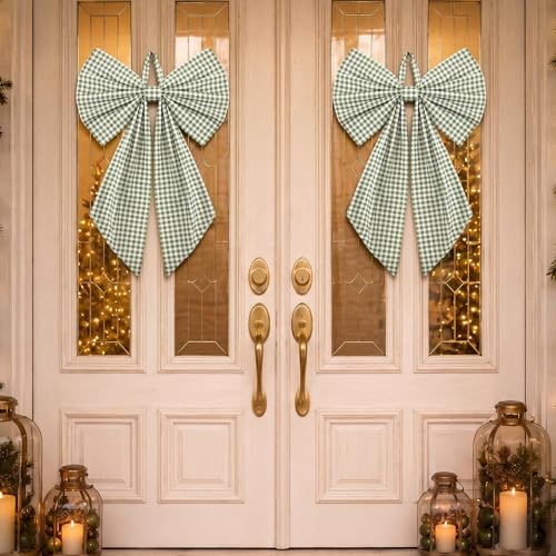 Suncalla 2 Pcs Green Christmas Gingham Wreath Bows 18'' x 12'' - Image 4