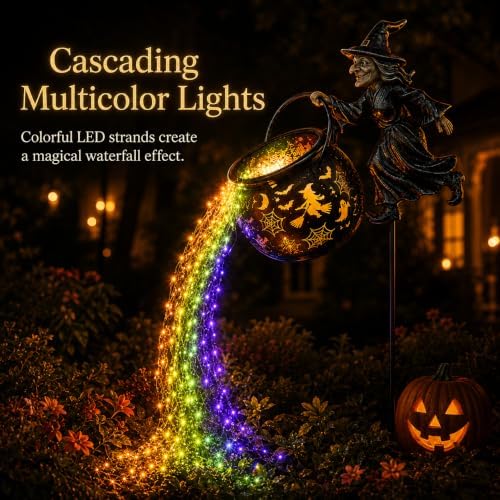 Halloween Witch Cauldron Garden Light, Outdoor Halloween Lights with Cascading Multicolor LED Waterfall and Pattern Projection, Garden Stake Decoration for Yard, Lawn, Porch and Pathway - Image 4