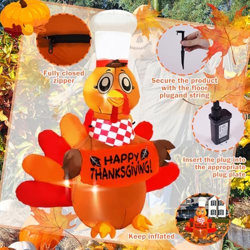 6FT Thanksgiving Inflatable Outdoor Decoration Turkey Inflatable Patio Decoration with Built-in LED Lights, Suitable for Thanksgiving Holiday Party, Patio, Lawn, Garden Winter Decoration - Image 2
