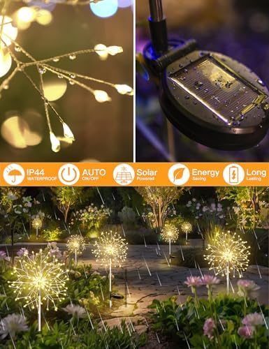 suddus Solar Garden Lights Outdoor Waterproof Decorative, 4Pack 150LED Firework Lights, Solar Fairy Lights for Yard, Garden, Patio, Pathway, Flowerbed, Party, Wedding Outside Decor- Warm White - Image 5