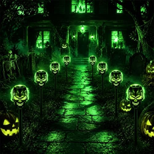 8 Pack Solar Halloween Lights Outdoor, Flickering Flame Skull Torches, Waterproof Purple Solar Lights for Yard, Spooky Skull Pathway Lights for Halloween Outdoor Decorations (Green) - Image 2