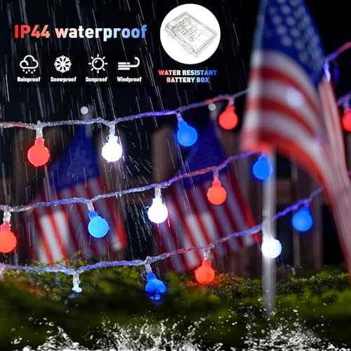 JMEXSUSS Red White and Blue Lights Battery Operated, 33ft 4th of July Lights Outdoor Waterproof, 100 LED String Light for Independence Day Memorial Patriotic Day Decor (Pack of 2) - Image 2