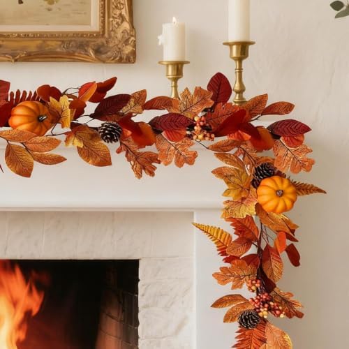 2 Pcs 6Ft Fall Garland with Lights Fall Decorations for Home, Fake Pumpkin Berry Autumn Maple Leaves Garland for Mantle Halloween Thanksgiving Harvest Party Fireplace, Fall Decor Porch Vines - Image 6