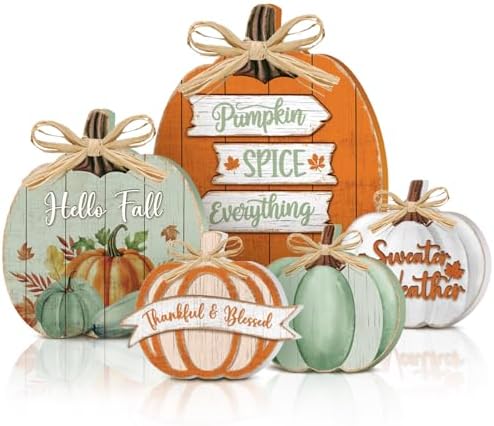 5 Pcs Fall Pumpkin Decor for Home Light Green Fall Wooden Table Centerpiece by GlikCeil