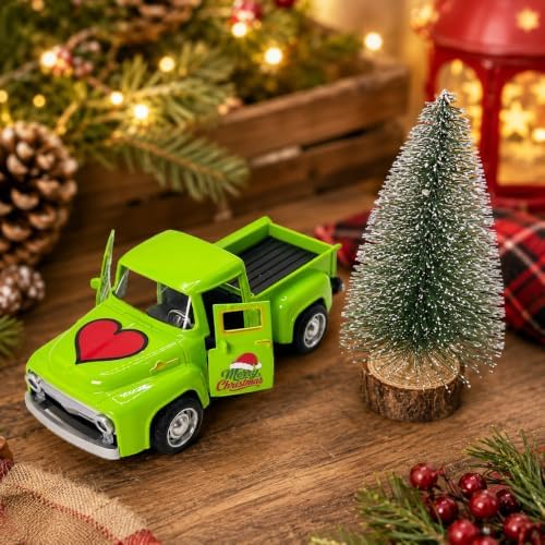 Christmas Green Truck Decor, 4.9 Inch Vintage Metal Pickup Truck with Christmas Tree, Mini Farmhouse Holiday Tabletop Decoration for Tiered Tray, Kitchen, Living Room and Christmas Centerpiece - Image 2
