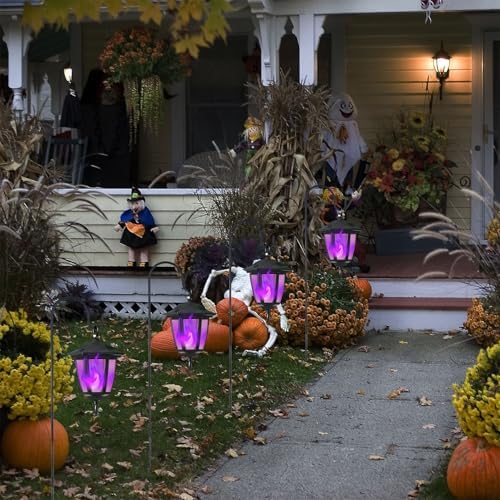 Dynaming 6 Pack Solar Halloween Flame Hanging Lights Outdoor, Flickering Flame LED Garden Lanterns with 4x38 Inch Shepherd Hooks, Landscape Lighting Waterproof for Lawn Yard Pathway Driveway, Purple - Image 4