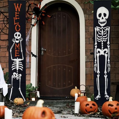 Halloween Banner Decorations Outdoor Indoor Happy Halloween Decor Trick or Treat Decorative Hanging Banners Porch Welcome Signs for Front Door Outside Yard Garland Party Supplies (Skeleton-Welcome) - Image 6