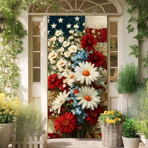 Front Door Covers Decorative, Independence Day Flower Design Door Curtain 70.8 x 35.4 Inch for Porch Outdoor Indoor Home Decor - Image 7