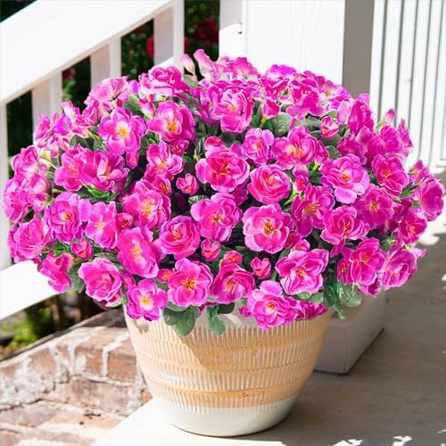 HyeFlora Artificial Faux Outdoor Flowers Plants for Spring Summer Decoration, Fake Silk Fuchsia Camellia UV Resistant Look Real for Planter Outside Front Door Porch Patio Balcony, 3 Large Bundles by HyeFloraartificialflowers