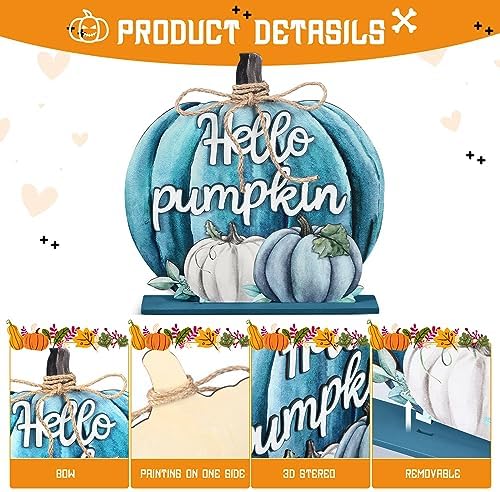 Soaoo Fall Decoration Wooden Blue Pumpkins Decor Fall Hello Pumpkin Sign - Image 3