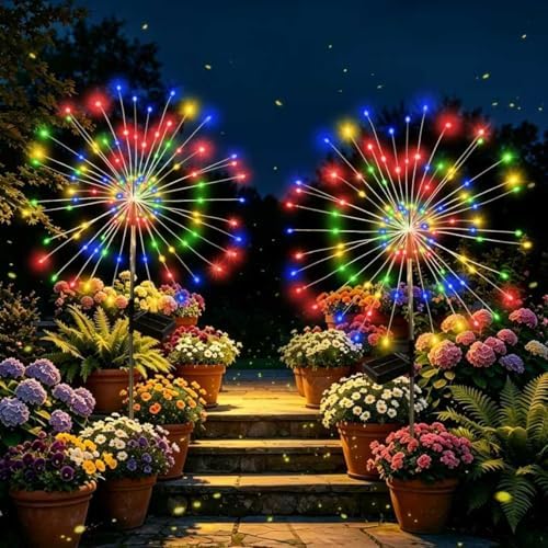 Solar Garden Lights Outdoor Decorative, 2pack 120 LED Firework Lights Waterproof，Solar Fairy Lights for Outside,Garden,Yard, Patio,Pathway,Flowerbed,Party(Multicolor) by Unknown