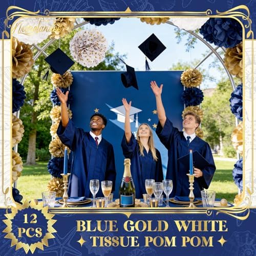 NICROLANDEE Wedding Party Decor Navy Blue Gold Tissue Paper Pom Pom - Image 6