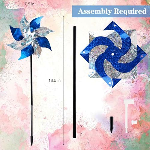 Hausse 10 Pack Reflective Pinwheels with Stakes (Assembly Required), Extra Sparkly Pin Wheel for Garden Decor, Bird Repellent Devices Deterrent to Scare Birds Away from Yard Patio Farm, Blue & Sliver - Image 2