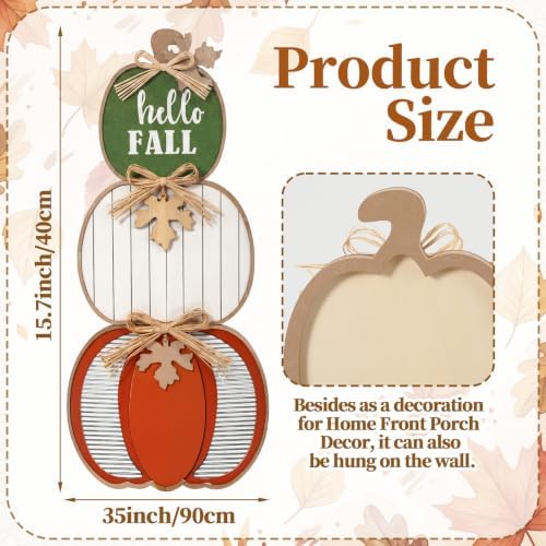 Threehoney 35 Inch Fall Stacked Pumpkins for Porch Wooden Outdoor Standing Pumpkin Decor Thanksgiving Harvest Farmhouse Sign for Yard Front Door Garden Patio Outdoor(Hello Fall,Earthy Color) - Image 2