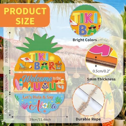 IARTTOP Tiki Bar Pineapple Wooden Hanging Sign 11.4x16.1" Hawaiian Luau Aloha Outdoor Wooden Plaques Decor Tropical Summer Pool Welcome Door Hanger Decor for Patio Backyard Bar Party - Image 4