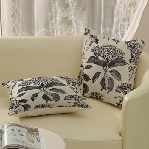 Black Pillow Covers 20x20 Inch 2 Pcs Boho Vintage Floral Decor Throw Pillows Hydrangea Flower Seasonal Outdoor Farmhouse Neutral Accent Decoration Pillowcase Linen Cushion Cover for Couch - Image 4
