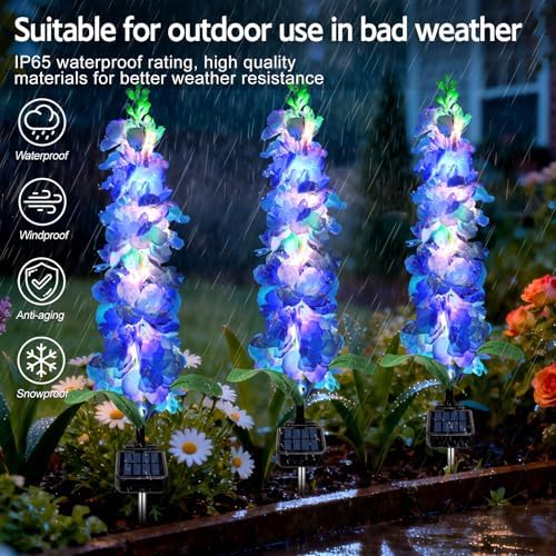 MRHEPHAESTUS Solar Garden Lights, Solar Blue Delphinium Flowers Lights 8 Pack 160 LEDs, Waterproof Outdoor Light Two Lighting Modes for Outside Wedding Party Garden Yard Patio Lawn Decor - Image 5