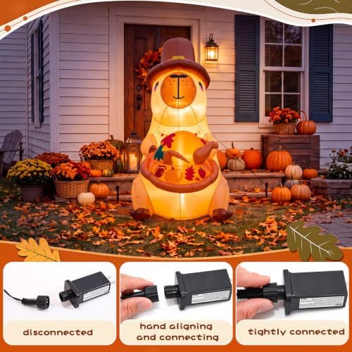 Soulchen 5FT Thanksgiving Inflatable Capybara Outdoor Decorations with Pilgrim Hat Maple Holding Turkey Built-in LED Lighted Blow up for Yard Garden Lawn Autumn Holiday Party Decor - Image 3