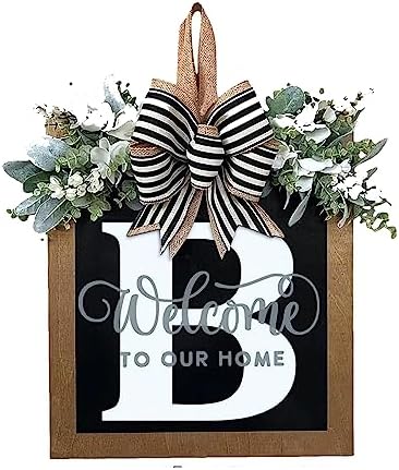 Last Name All Year Round Front Door Wreath with 26 Initial Letter Welcome Sign All Seasons Eucalyptus Garland and Bow ，Farmhouse, Porch, for Spring Summer Fall All Seasons Holiday Halloween Christmas. (B) by YICORIP
