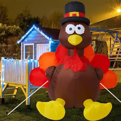 Thanksgiving 6FT Inflatable Turkey with Pilgrim Hat Yard Decoration - LED Light Up Blow Up Turkey for Outdoor Indoor Lawn Thanksgiving Yard Decorations and Autumn Holiday Family Party Display by Takuvan