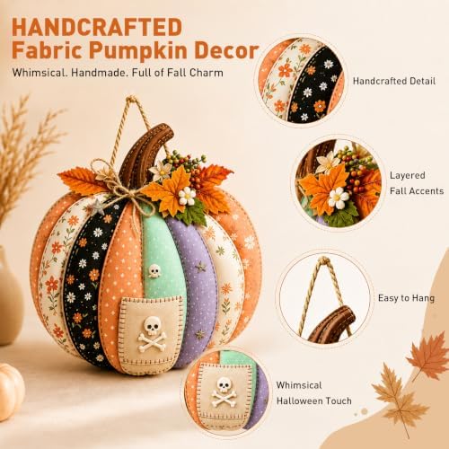 Autumn Retro Patchwork Pumpkin Door Hanging with Lights ，A - Image 2