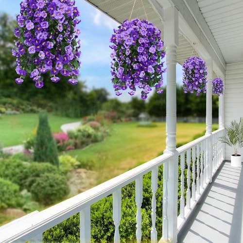 Sggvecsy Artificial Fake Hanging Flowers Plants Outdoor Outside Spring Summer Decoration 2PCS Faux Silk UV Resistant Morning Glory Trailing Vines for Home Porch Patio Balcony(Purple & Light Purple) - Image 5