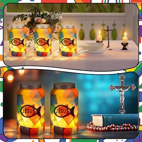 Qinyoung 12 Pcs Religion Faith Jesus Fish Crafts Mason Jars Tissue Paper Crafts with LED Candle Light DIY Suncatchers Decoration Make Your Own VBS Mason Jars Supply for Sunday School Projects Activity - Image 6