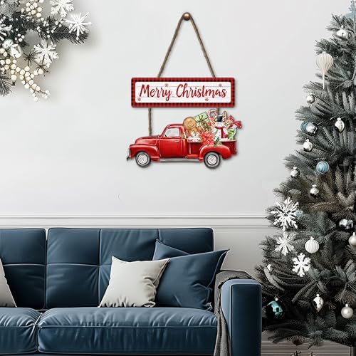 Merry Christmas Sign Wreath for Front Door Decor 12x9in Xtmas WelcomeTruck Sign Christma Hanging Door Decoration Welcome Sign for Home Farmhouse Porch Wall Indoor Outdoor Xmas Holiday - Image 3