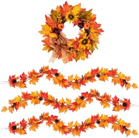 Fall 6FT Garland Wreaths 24", 4 Pack, Artificial Autumn Sunflower by Culudea