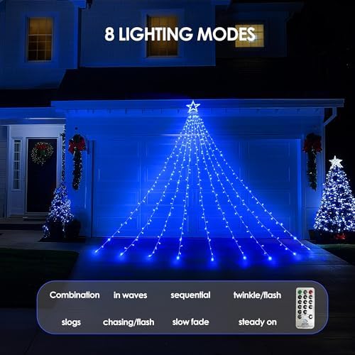 WBao 344 LED Christmas Lights Outdoor Decorations with 12" Star Topper, 11.9ft Waterfall Christmas Lights, Remote Control 8 Modes, 3 Timers, UL Listed Waterproof for Tree Roof Porch Xmas Decor, Blue - Image 5
