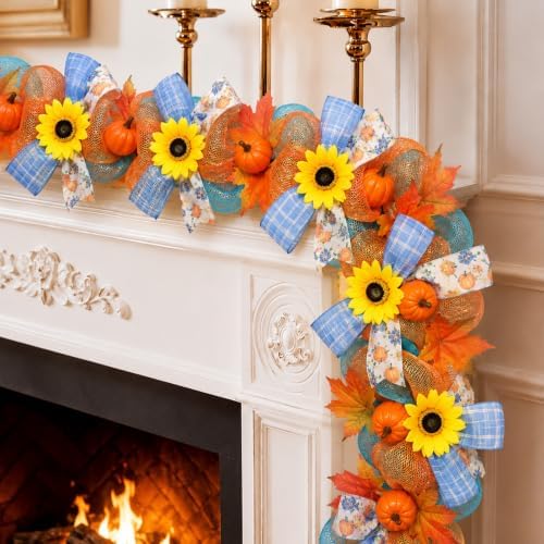 Fall Garland for Mantle 6FT Pumpkin Sunflower Mesh Autumn Decor by AllaboutGnomesDecor
