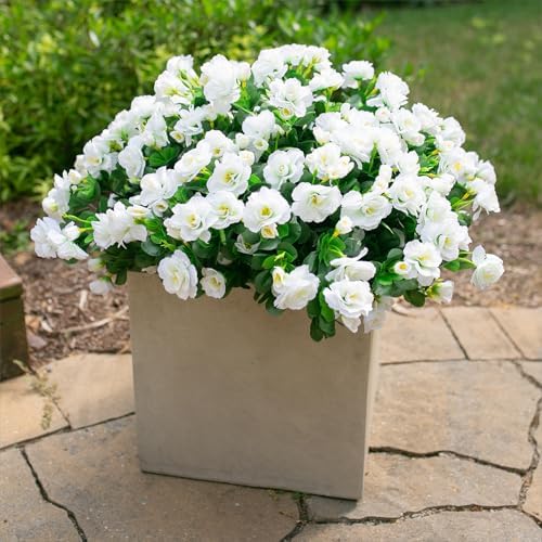 HyeFlora Artificial Fake Flowers Plants for Outdoor Outside Spring Decoration, Faux Silk White Camellia UV Resistant Realistic for Front Door Porch Planter Pot Patio Balcony, 3 Large Bundles - Image 3