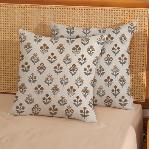 Brown Grey Pillow Covers 18x18 Inch 2 Pcs Gray Block Print Vintage Floral Decor Throw Pillows Boho Flower Spring Summer Outdoor Seasonal Decoration Pillowcase Linen Cushion Cover for Couch Sofa - Image 2