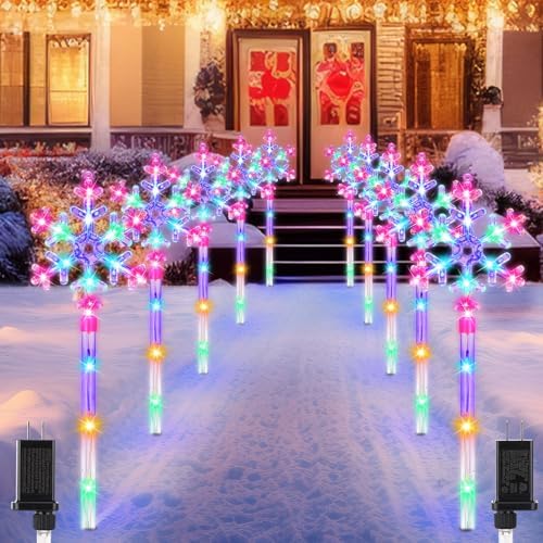 Retisee 10 Pack Snowflake Christmas Lights for Pathway Markers Lights Outdoor 27'' Peppermint Snowflake Pathway Decorations with Bows for Holiday Yard Lawn Walkway(Colorful) by Retisee